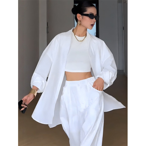 美式辣妹薄款防曬長袖襯衫女夏季寬鬆休閒百搭中長款白色襯衣外套