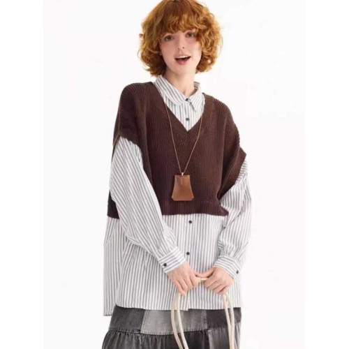 日系nikoand 妮蔻家新品設計感時尚棉質休閒風撞色假兩件襯衫女