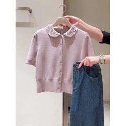 2025夏季設計感單排釦小衆短袖針織衫洋氣甜美減齡時尚鏤空上衣女