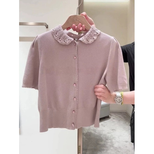 2025夏季設計感單排釦小衆短袖針織衫洋氣甜美減齡時尚鏤空上衣女