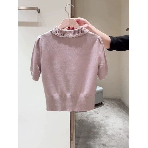 2025夏季設計感單排釦小衆短袖針織衫洋氣甜美減齡時尚鏤空上衣女