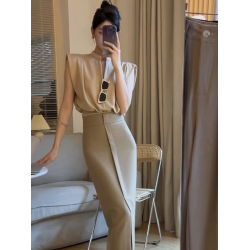 無袖背心墊肩T恤女裝夏季新款套頭正肩小飛袖法式掐腰v領短款上衣