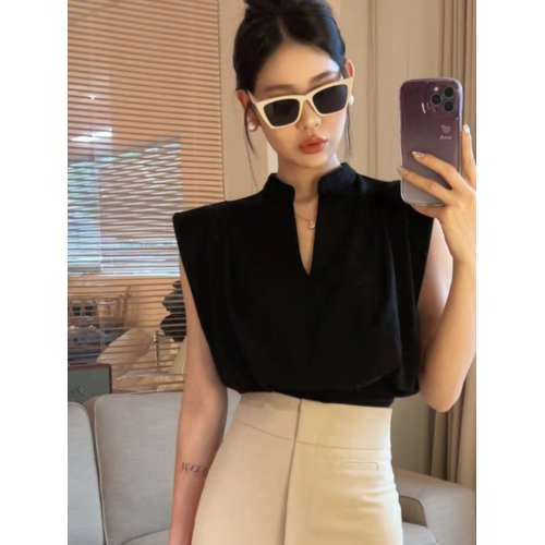 無袖背心墊肩T恤女裝夏季新款套頭正肩小飛袖法式掐腰v領短款上衣