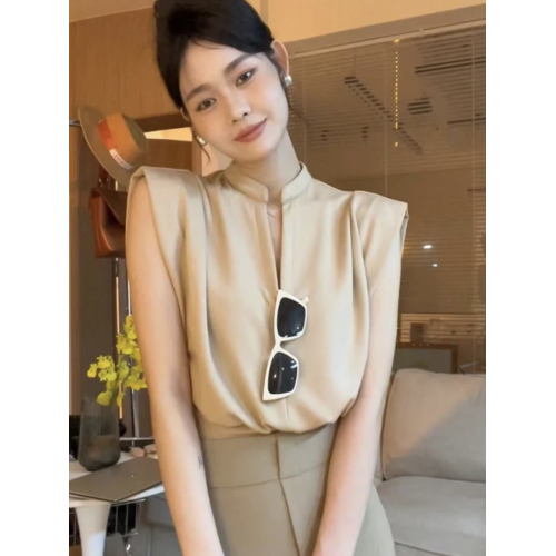 無袖背心墊肩T恤女裝夏季新款套頭正肩小飛袖法式掐腰v領短款上衣