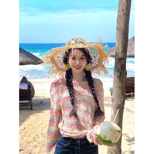 Turn right/陳大腿 彩虹撞色針織T恤女夏季露肩性感寬鬆針織衫ins