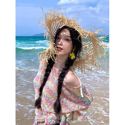 Turn right/陳大腿 彩虹撞色針織T恤女夏季露肩性感寬鬆針織衫ins