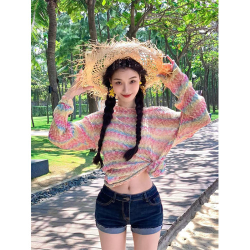 Turn right/陳大腿 彩虹撞色針織T恤女夏季露肩性感寬鬆針織衫ins