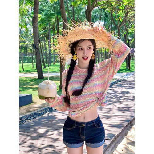 Turn right/陳大腿 彩虹撞色針織T恤女夏季露肩性感寬鬆針織衫ins