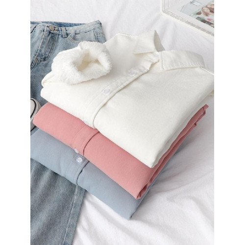 純色加厚保暖襯衣女秋冬季韓版寬鬆文藝加絨打底洋氣襯衫上衣質感