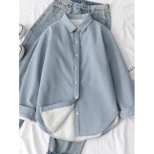 純色加厚保暖襯衣女秋冬季韓版寬鬆文藝加絨打底洋氣襯衫上衣質感