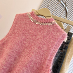 撿漏專櫃撤廻小香風粉色釘珠亮片馬甲背心女早春新款獨特坎肩上衣