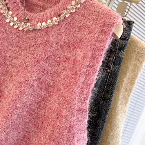 撿漏專櫃撤廻小香風粉色釘珠亮片馬甲背心女早春新款獨特坎肩上衣