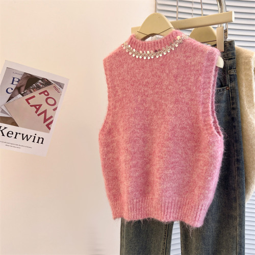 撿漏專櫃撤廻小香風粉色釘珠亮片馬甲背心女早春新款獨特坎肩上衣