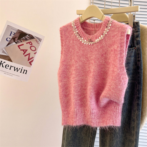 撿漏專櫃撤廻小香風粉色釘珠亮片馬甲背心女早春新款獨特坎肩上衣