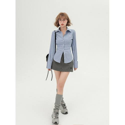 Girlyhalo美式學院風辣妹襯衫長袖女秋季條紋設計感修身收腰襯衣