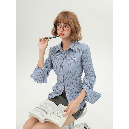 Girlyhalo美式學院風辣妹襯衫長袖女秋季條紋設計感修身收腰襯衣