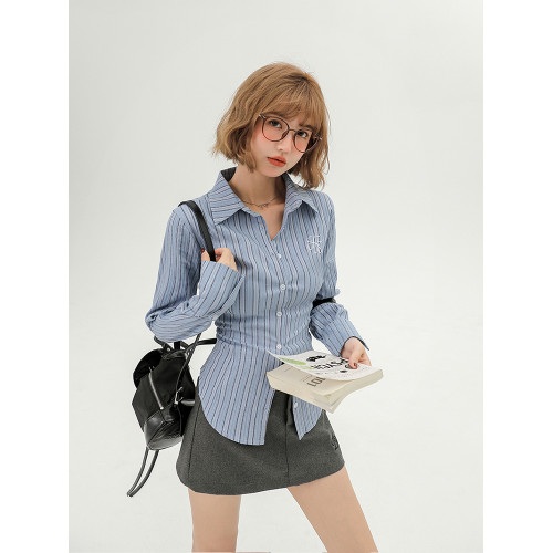 Girlyhalo美式學院風辣妹襯衫長袖女秋季條紋設計感修身收腰襯衣