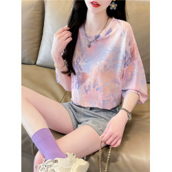 速乾冰絲中長薄款短袖t恤女夏季寬鬆復古紥染設計感減齡洋氣上衣