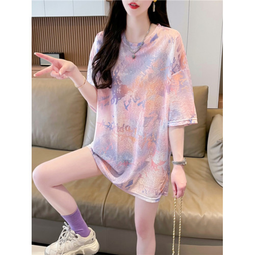 速乾冰絲中長薄款短袖t恤女夏季寬鬆復古紥染設計感減齡洋氣上衣