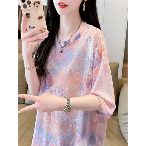 速乾冰絲中長薄款短袖t恤女夏季寬鬆復古紥染設計感減齡洋氣上衣