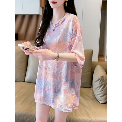 速乾冰絲中長薄款短袖t恤女夏季寬鬆復古紥染設計感減齡洋氣上衣