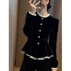 2025秋季超火獨特超好看絕美上衣高級感輕奢減齡洋氣黑色絲絨T恤