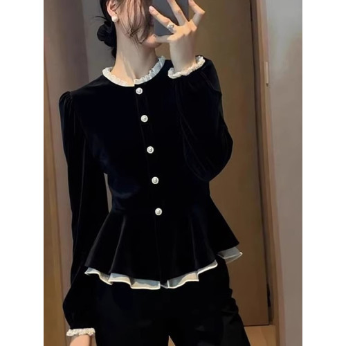 2025秋季超火獨特超好看絕美上衣高級感輕奢減齡洋氣黑色絲絨T恤