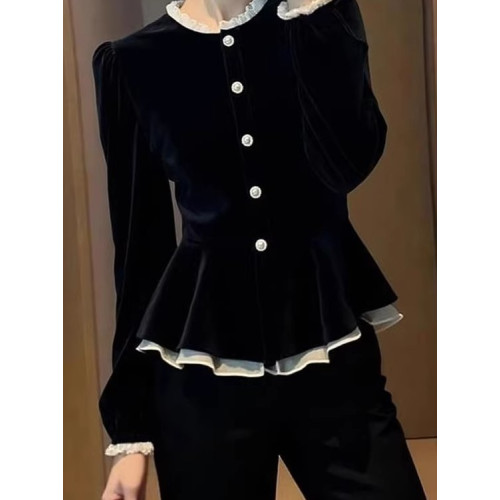 2025秋季超火獨特超好看絕美上衣高級感輕奢減齡洋氣黑色絲絨T恤