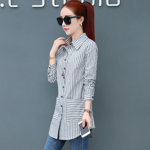 襯衫女春秋長袖條紋2026新款洋氣輕熟設計感小衆中長款全棉白襯衣