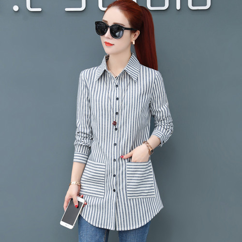 襯衫女春秋長袖條紋2026新款洋氣輕熟設計感小衆中長款全棉白襯衣