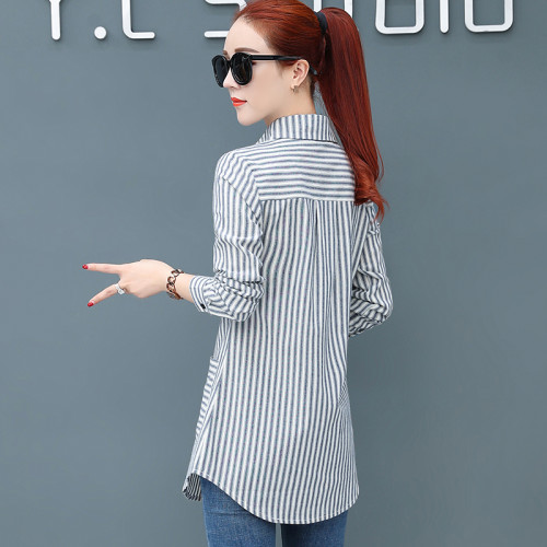 襯衫女春秋長袖條紋2026新款洋氣輕熟設計感小衆中長款全棉白襯衣
