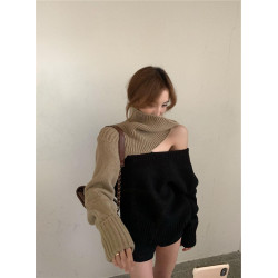 春裝2024年新款慵懶風設計感拼色一字露肩多穿法中長款針織毛衣女