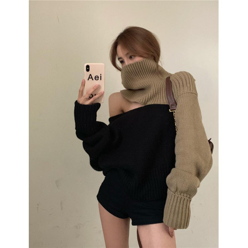 春裝2024年新款慵懶風設計感拼色一字露肩多穿法中長款針織毛衣女