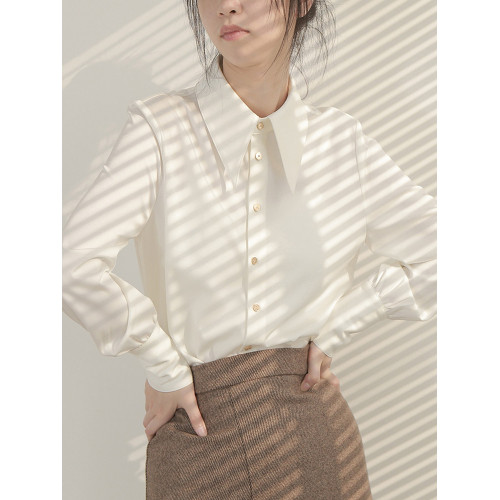 法式氣質緞面白色襯衫女2026春裝新款設計感小衆尖領通勤職業上衣