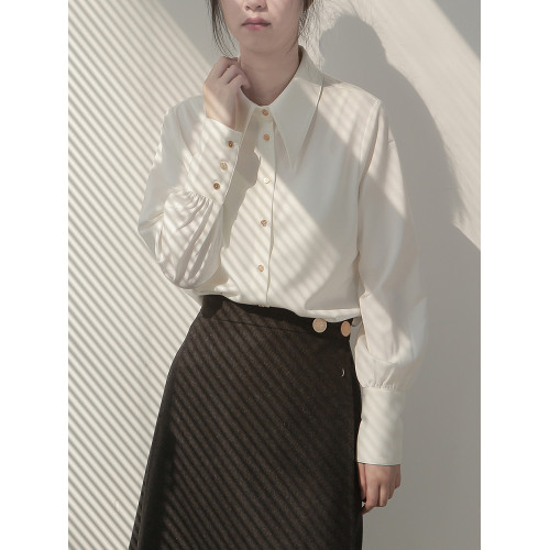 法式氣質緞面白色襯衫女2026春裝新款設計感小衆尖領通勤職業上衣