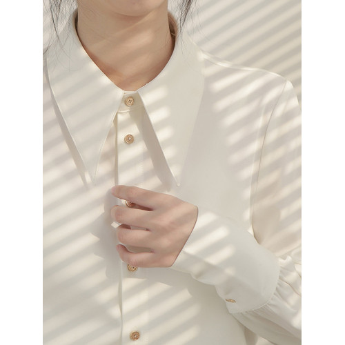 法式氣質緞面白色襯衫女2026春裝新款設計感小衆尖領通勤職業上衣