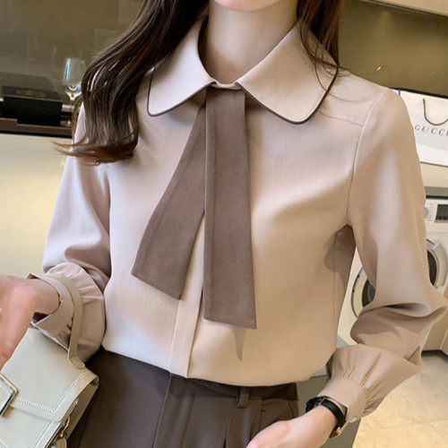蝴蝶結襯衫女設計感小衆2026年春秋新款復古寬鬆撞色領帶長袖上衣