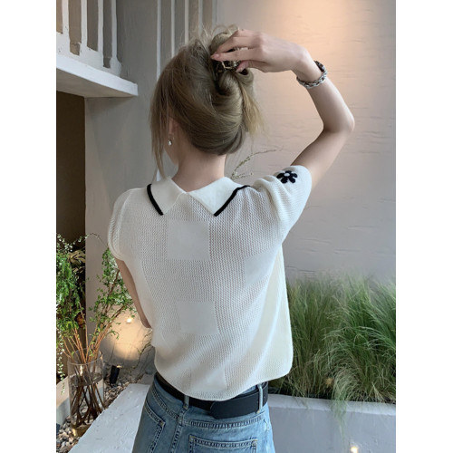 軟糯冰絲針織衫女夏季薄款寬鬆設計感v領防曬罩衫小香風短袖上衣