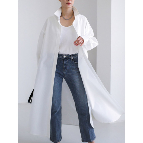 長款大碼純色襯衫女韓版寬鬆過膝直筒防曬襯衣夏季新款休閒薄外套