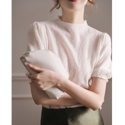 白色蕾絲衫法式高級輕奢新款半高領泡泡袖提花時尚T恤針織衫上衣