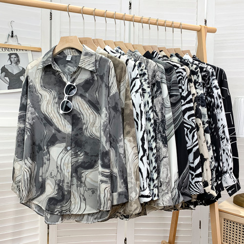 冷淡風寬鬆水墨豹紋印花長袖襯衫女春氣質設計感小衆外搭曡穿上衣