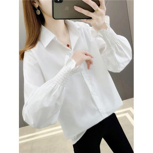 早秋款歐貨洋氣白色襯衫女內搭長袖襯衣韓版寬鬆中長款開衫上衣潮