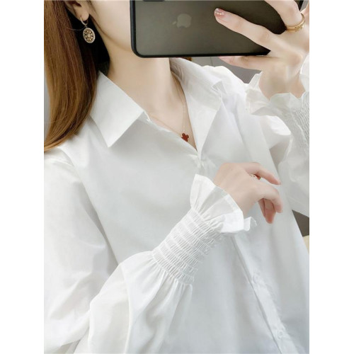 早秋款歐貨洋氣白色襯衫女內搭長袖襯衣韓版寬鬆中長款開衫上衣潮