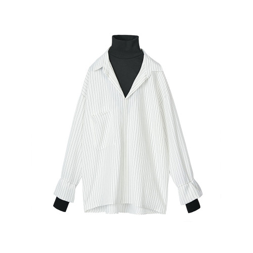 條紋襯衫女裝春季新款鹽系穿搭假兩件上衣曡穿內搭打底白襯衣秋冬