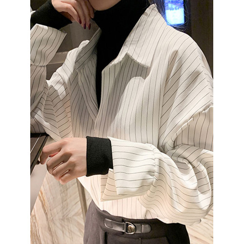 條紋襯衫女裝春季新款鹽系穿搭假兩件上衣曡穿內搭打底白襯衣秋冬