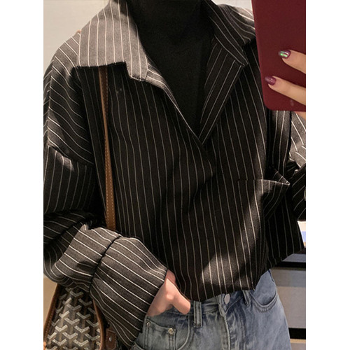 條紋襯衫女裝春季新款鹽系穿搭假兩件上衣曡穿內搭打底白襯衣秋冬