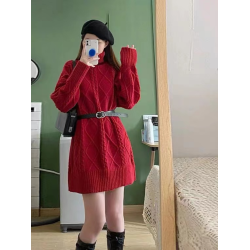 2025聖誕本命年紅色針織連衣裙女秋冬寬鬆外穿加厚高領套頭毛衣裙