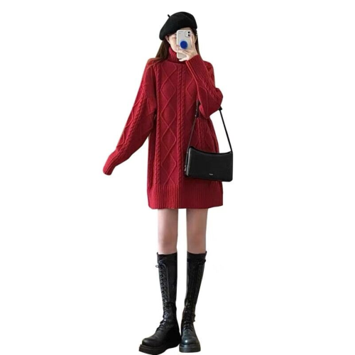 2025聖誕本命年紅色針織連衣裙女秋冬寬鬆外穿加厚高領套頭毛衣裙