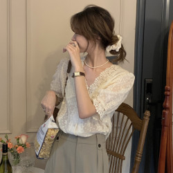 法式復古高級感洋氣氣質寬鬆百搭短袖V領蕾絲花邊雪紡襯衫上衣女