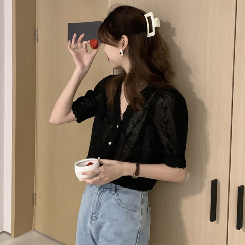 法式復古高級感洋氣氣質寬鬆百搭短袖V領蕾絲花邊雪紡襯衫上衣女